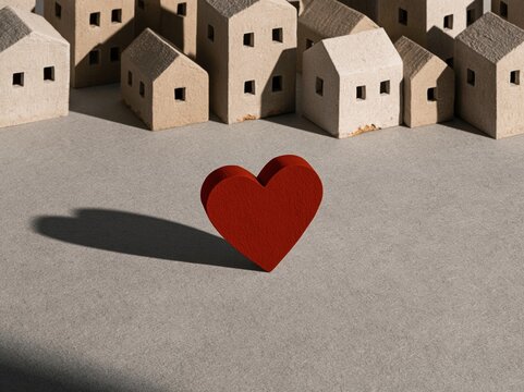 Red heart shaped house model standing out from a row of tan miniature homes on a grey surface for real estate and home search campaigns