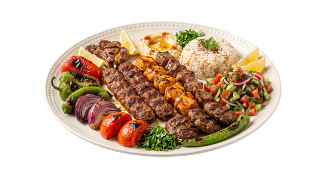 Middle Eastern mixed grill platter with lamb kebabs and chicken tawook. Turkish barbecue meat plate with rice, hummus, and grilled vegetables.