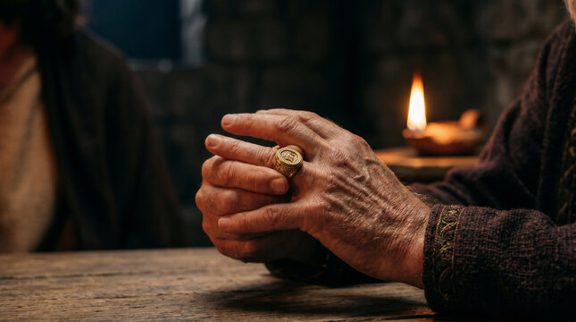 Nicodemus visiting Jesus secretly by night on a dimly lit rooftop to ask profound questions about the Kingdom of God.
