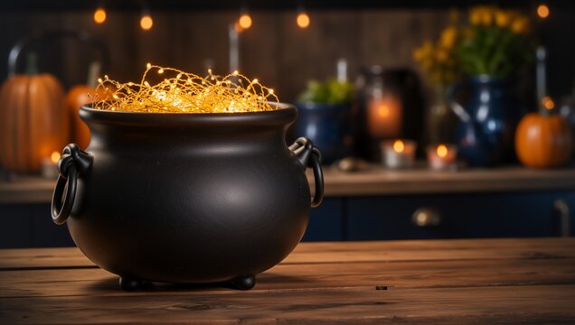 Black witch cauldron filled with glowing fairy lights on a rustic wooden table. Cozy autumn evening and magical Halloween decoration concept