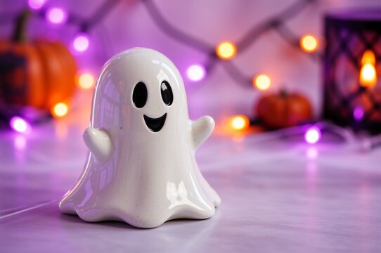 Cute smiling white ceramic ghost figurine. Playful Halloween decoration with purple and orange bokeh lights background