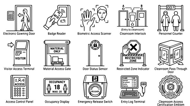 Security access control icon set, 15 laboratory cleanroom entry symbols, industrial biometric scanner and badge reader line art vectors