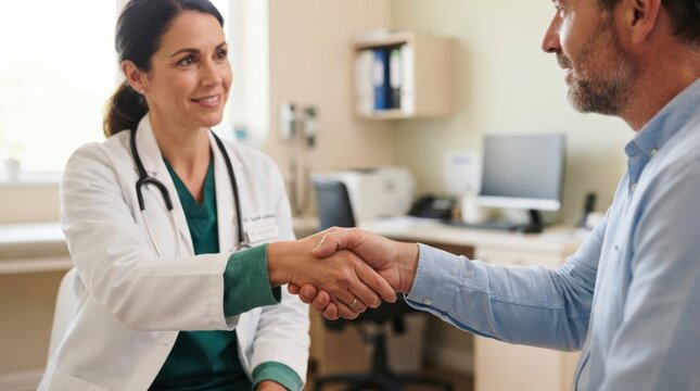 Doctor shaking hands with a male patient in a medical office