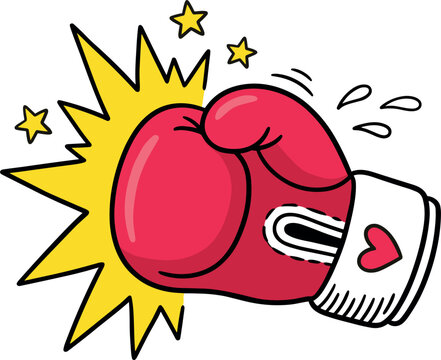 Red boxing glove vector illustration featuring a powerful comic style punch impact with yellow stars flash explosion spark graphic isolated on white background.