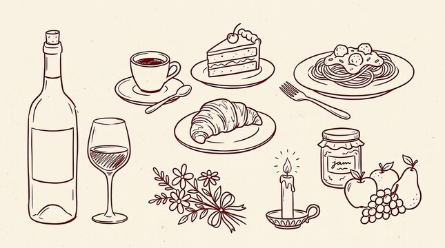 Vector drawn art food and wine set featuring wine bottle glass cup coffee cup cake pastry flowers candle jam jar and fruits beverage breakfast appetizer