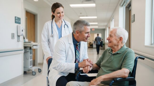 Compassionate doctor comforting elderly patient in hospital wheelchair