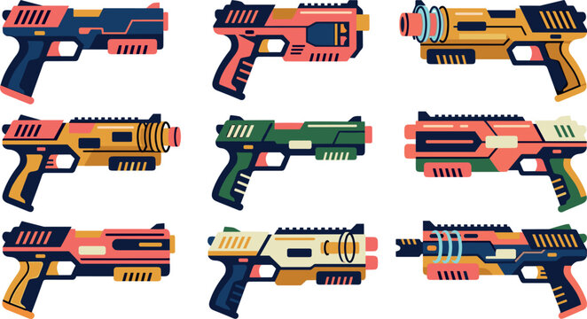 Sci-fi toy blaster vector icon set illustration featuring colorful futuristic space laser guns and foam dart weapon designs isolated on a white background.