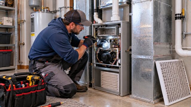 Professional hvac technician in work uniform inspecting furnace with flashlight in residential garage.