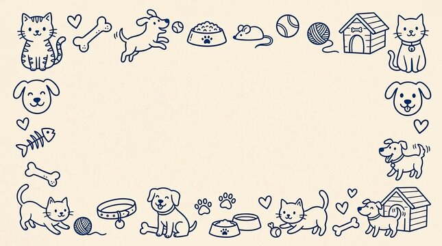 Vector drawn art cute cats and dogs border frame with paws bowls bones toys and houses on cream background collection background