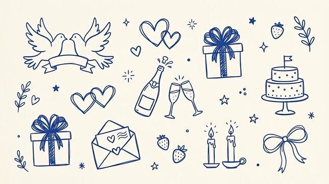 Vector drawn art wedding and romance doodles set featuring doves hearts champagne and gifts champagne marriage celebration anniversary envelope strawberry