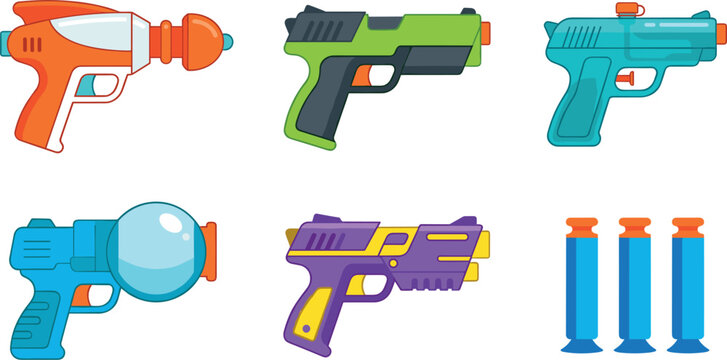 Toy blaster gun vector icon set illustration featuring colorful water pistols plastic toy handguns and foam dart ammunition isolated on white background.