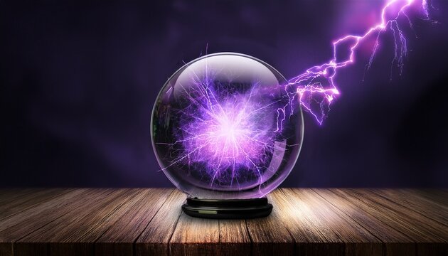 a crystal ball with purple lightning on a dark wooden table and background