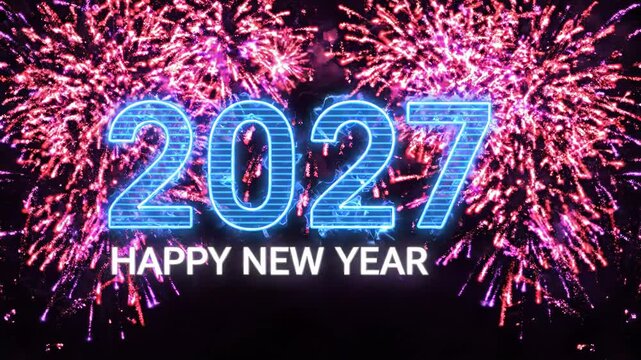 2027 happy new year neon text with vibrant pink fireworks display background, for celebration and, holiday greeting projects