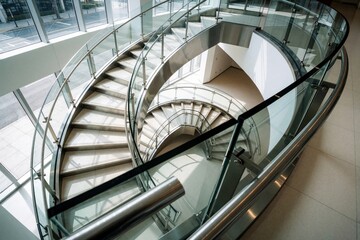 Fototapeta premium Modern spiral staircase with glass railings and steel frame ascends through a bright, airy building interior. This architectural marvel connects floors within a contemporary structure.