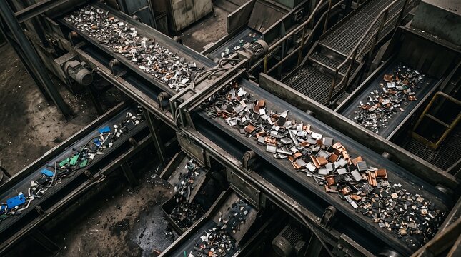 AI production chain and use. Industrial recycling facility processing electronic waste on conveyor belts