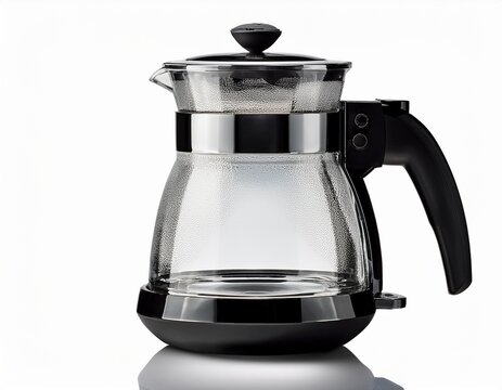a glass coffee maker with a black handle