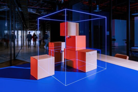 Red cardboard boxes stacked on a glowing blue desk in a modern office, featuring smooth surfaces and neon accents for corporate restructuring and workforce change