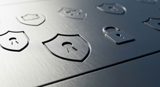 Etched metallic surface displays various security icons, including shields and padlocks, representing digital protection