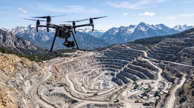 AI production chain and use. Drone surveys vast open pit mine with heavy machinery and mountainous backdrop
