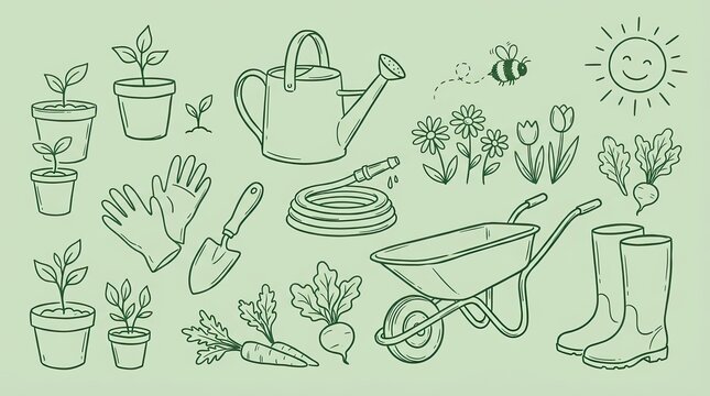 Vector drawn art gardening tools and plants set illustration featuring watering can potted plants wheelbarrow gardening gloves trowel hose and rubber boots, watering