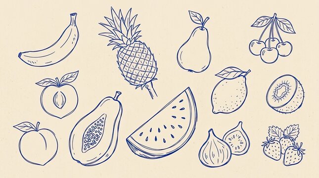 Vector drawn art fruits set illustration featuring banana pineapple pear cherry peach papaya watermelon lemon kiwi fig and strawberry sketch design, pineapple