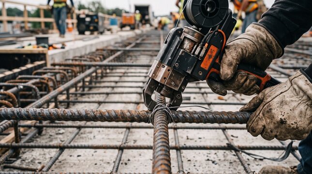 AI production chain and use. Construction worker uses rebar tying tool to secure steel reinforcement bars on a building site