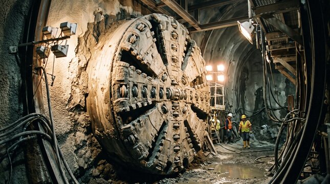 AI production chain and use. Tunnel Boring Machine Excavating Underground Construction Site with Workers