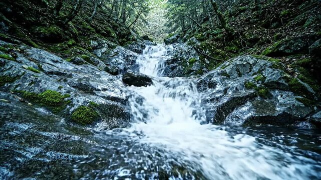 Rapid mountain stream flowing over dark mossy rocks.