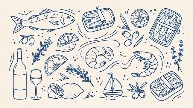 Vector drawn art seafood and mediterranean food set illustration featuring fish canned sardines shrimp olives lemon wine bottle glass rosemary and boat, rosemary