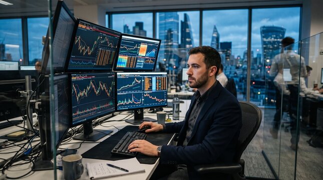 AI production chain and use. Trader analyzes stock market data on multiple monitors in a modern office with city skyline view