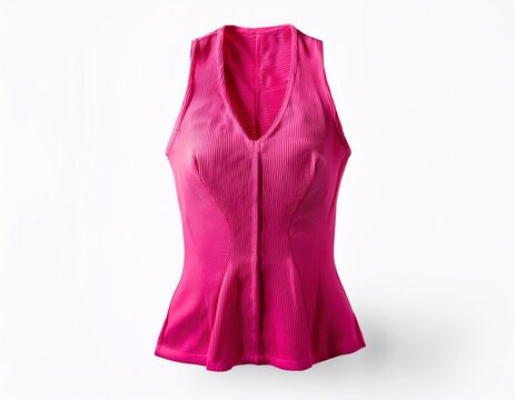 a vibrant pink sleeveless blouse with a gathered neckline and smooth fabric isolated on white background