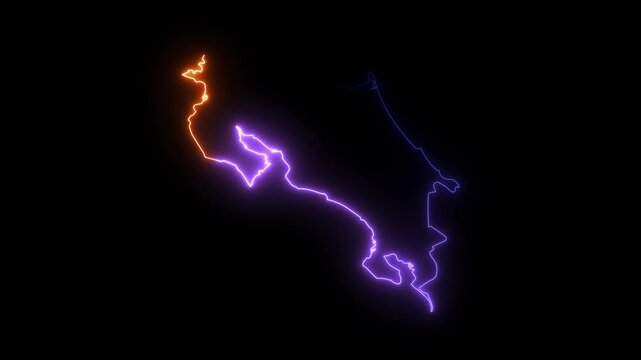 Costa Rica map outline with glowing neon light effect animation on a black background