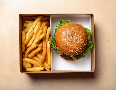 above frame showing a vegan burger paired with seasoned fries in a meal box and blank copy space
