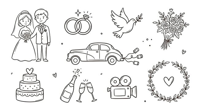 Vector drawn art wedding elements doodle icons set featuring bride groom rings dove bouquet car cake champagne camera wreath champagne marriage celebration
