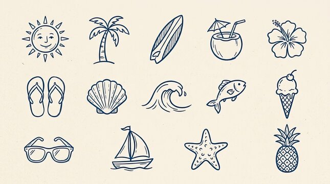 Vector drawn art summer holiday elements set beach vacation icons doodle sketch with vacation surfboard sunglasses starfish pineapple