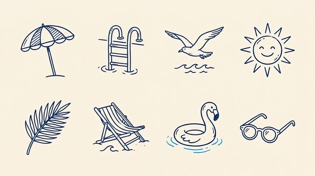 Vector drawn art pool party summer vacation icons set blue doodle sketch style with vacation umbrella flamingo sunglasses swimming recreation