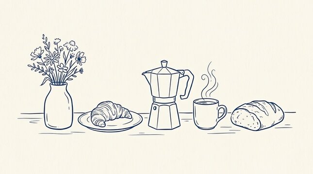 Vector drawn art breakfast table scene featuring vase with wildflowers croissant moka pot steaming coffee cup and fresh bread loaf breakfast croissant