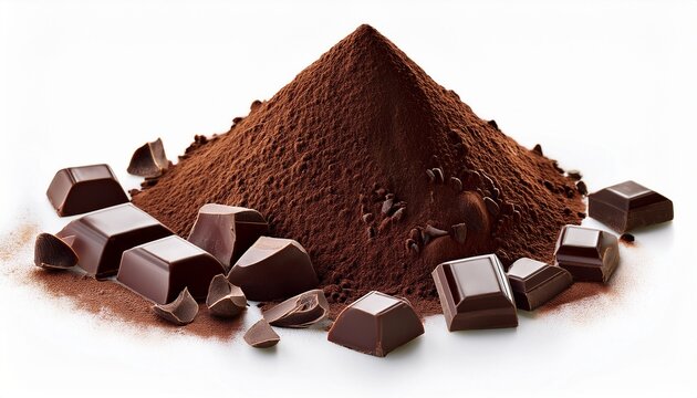 assorted dark chocolate chunks and pieces isolated on white background