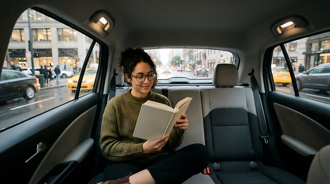 AI production chain and use. Young woman reads a book in the back seat of a car during a rainy city commute