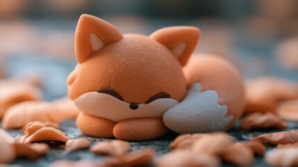 Fototapeta premium A small fox made of soft clay rests curled up on the ground surrounded by fallen leaves in a quiet forest area during autumn.