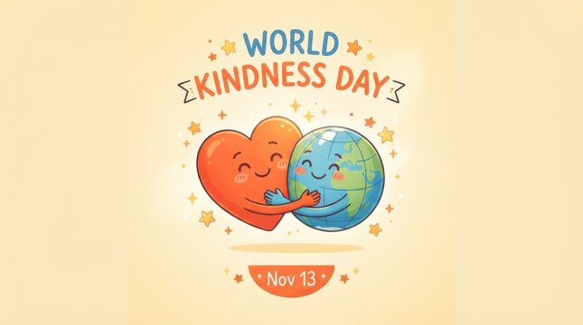 World kindness day illustration with a cute heart hugging the planet earth