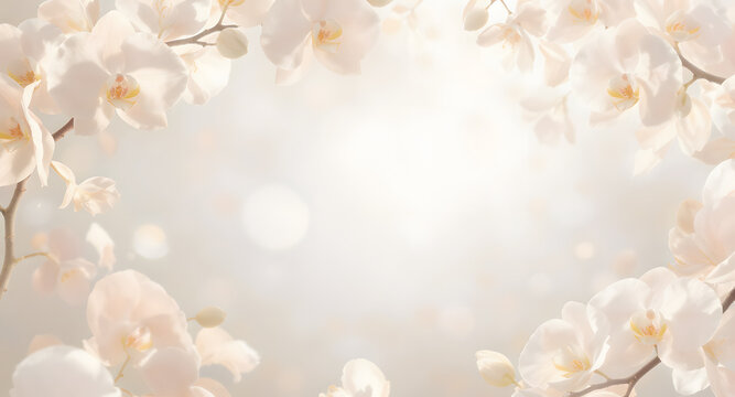 White orchid flowers forming a frame on a soft cream background with gentle bokeh lights. Concept of peace, purity, emotional healing, and mental wellness for International Forgiveness Day