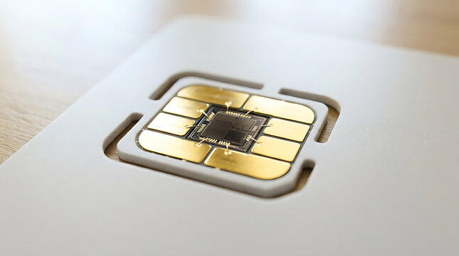 AI production chain and use. Close up of a microchip on a SIM card with gold contacts