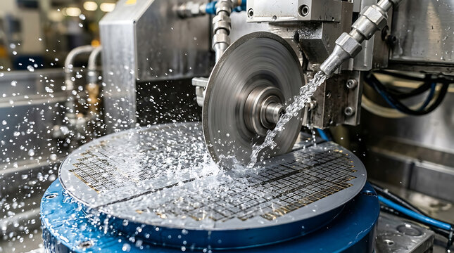 AI production chain and use. Automated industrial machine processing silicon wafer with water spray for chip manufacturing