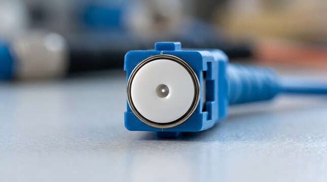AI production chain and use. Close up of a blue fiber optic connector end with a white ceramic ferrule and a central hole