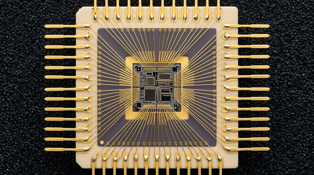 AI production chain and use. Close up of a vintage integrated circuit chip with gold pins and fine wires connecting to the silicon die