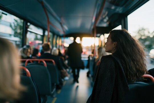 Passenger sitting on a city bus during a sunset commute, with luminous golden light and soft textures for public mobility and transit themes