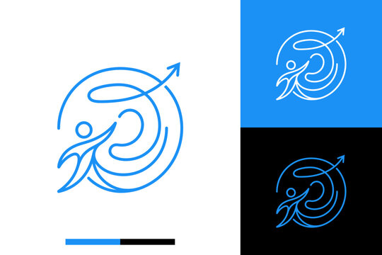 Abstract Blue Line Art Logo of a Human Figure Moving Forward with an Arrow for Growth and Success