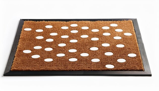 coir doormat with black border and white polka dots isolated on white background
