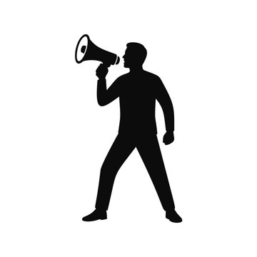 Silhouette of a man shouting into a megaphone for an announcement or protest